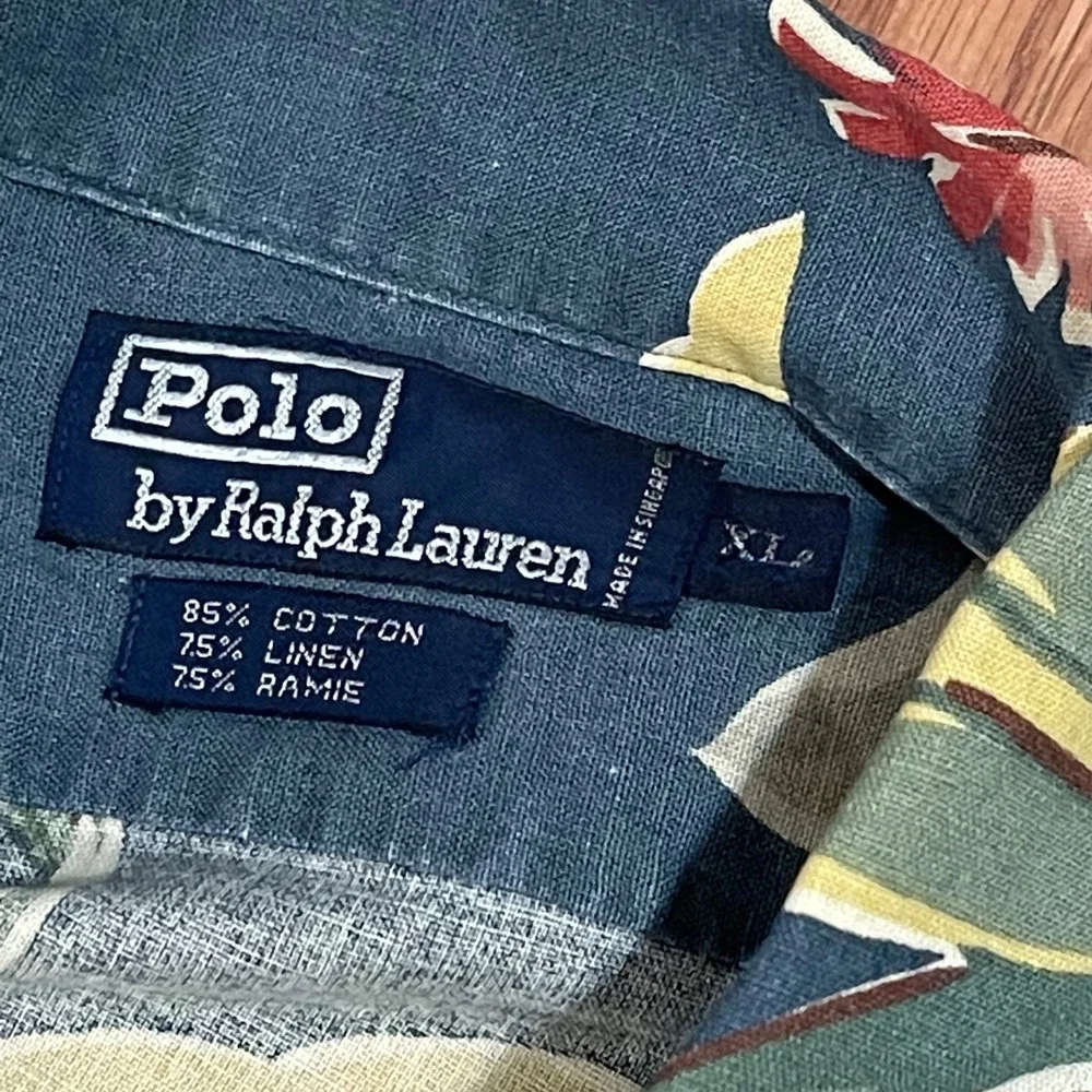 Polo Ralph Lauren Shirt Mens X Large Blue Floral Hawaiian Camp Shirt Linen